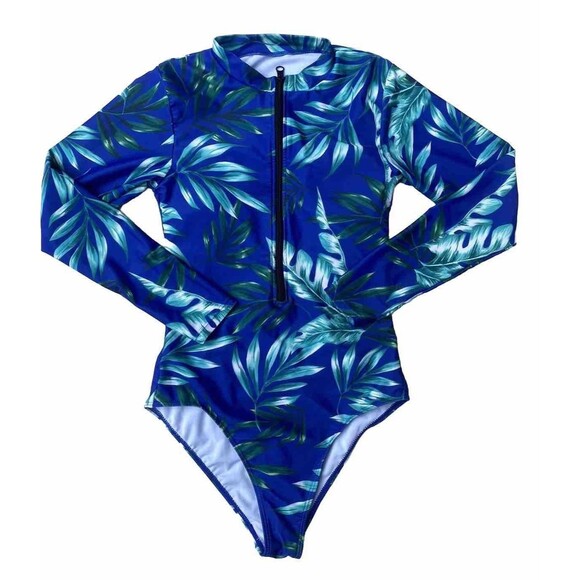 Shein Swim Tropical Print Zipper Front High Neck One Piece Blue swimsuit Size S - Picture 5 of 12